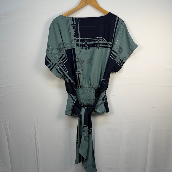 Ann Taylor NWT Kimono Surplice Tie Peplum Career Blouse Green/blue Medium - Picture 3 of 14